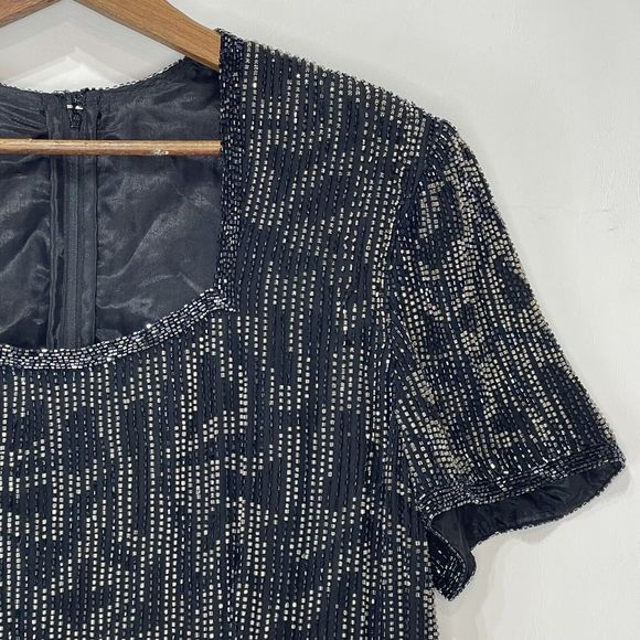 Vintage Dress Gown Midi Black Beaded Silk Evening Party Size M 90's 80's - Picture 10 of 16